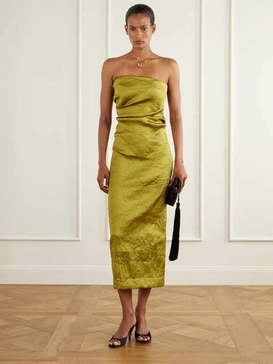 Image of Dresses. Product name - Kezia Draped Crinkled Satin Midi Dress in Gold colour by brand - TOVE