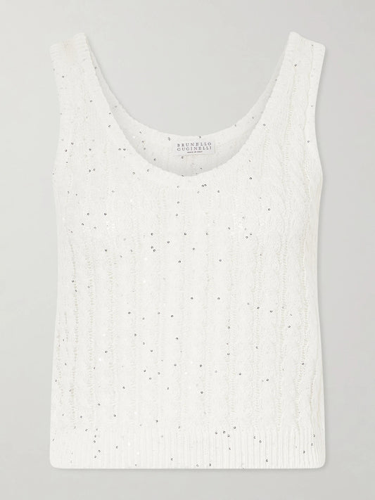 Image of a model wearing Tops. Product name - Sequin-embellished Open-knit Linen-blend Tank in White colour by brand - Brunello Cucinelli