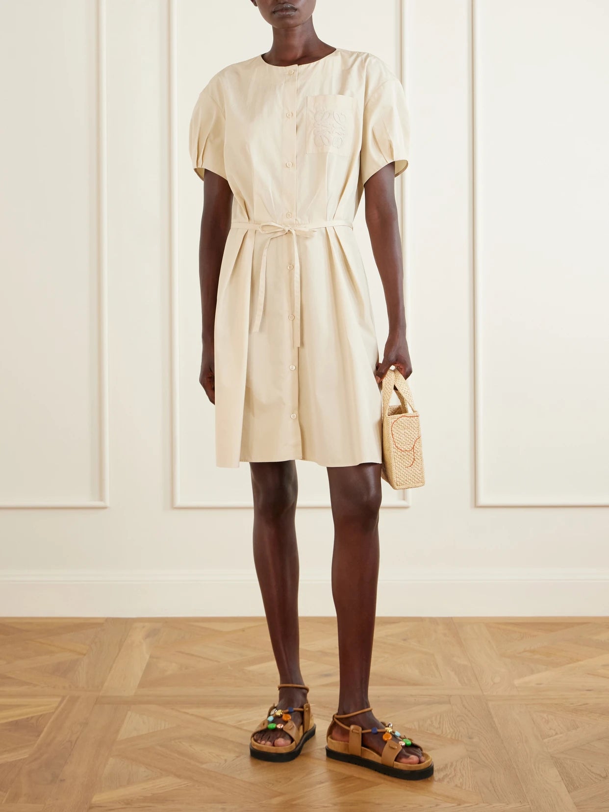 Image of Dresses. Product name - + Paula's Ibiza Anagram Cotton-poplin Mini Dress in Beige colour by brand - LOEWE
