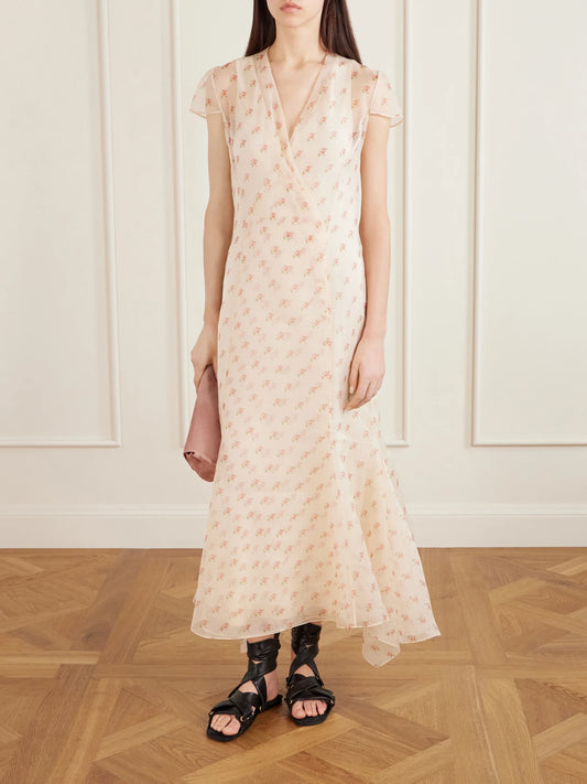 Image of Dresses. Product name - Meera Wrap-effect Floral-print Silk-organza Midi Dress in Baby pink colour by brand - KHAITE