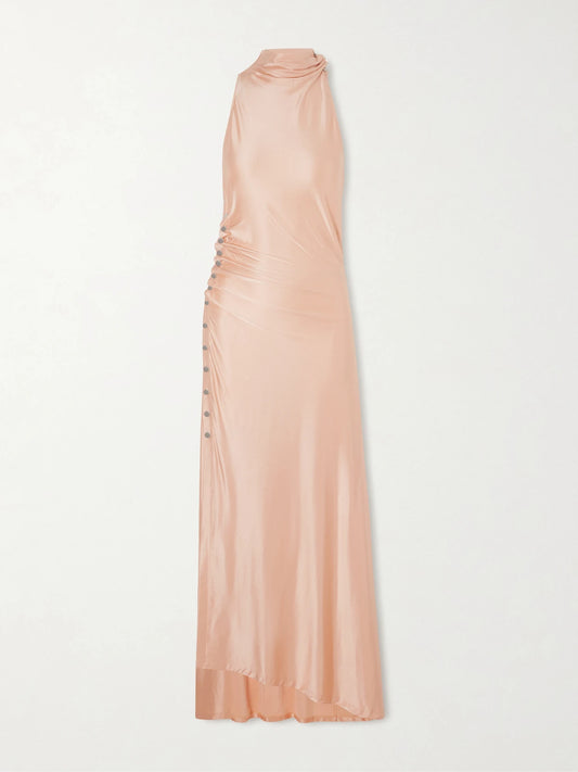 Embellished Gathered Satin Midi Dress