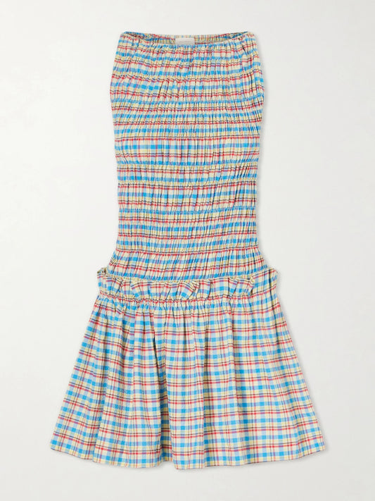 Gala Shirred Checked Cotton-blend Mini Dress