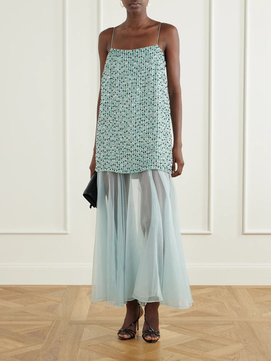 Image of Dresses. Product name - Magnolia Embellished Satin And Tulle Midi Dress in Light blue colour by brand - Aje