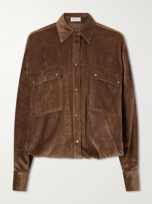 Image of a model wearing Tops. Product name - Velvet Shirt in Dark brown colour by brand - Brunello Cucinelli