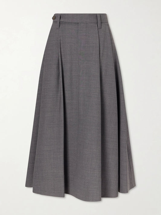 Image of a model wearing Skirts. Product name - Pleated Wool-blend Midi Skirt in Gray colour by brand - Brunello Cucinelli