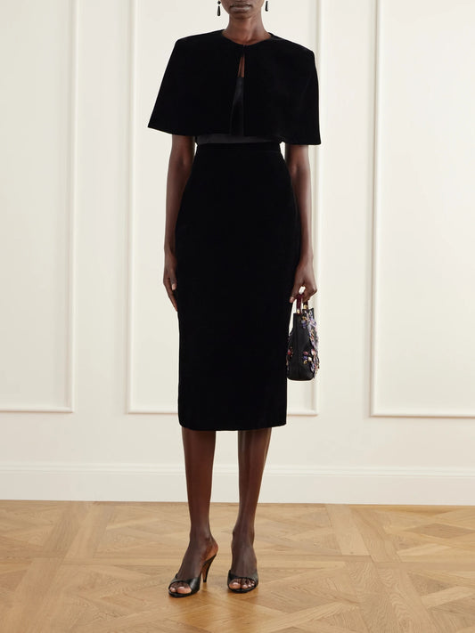 Image of Coats & Jackets. Product name - Domie Cropped Velvet Cape in Black colour by brand - Emilia Wickstead