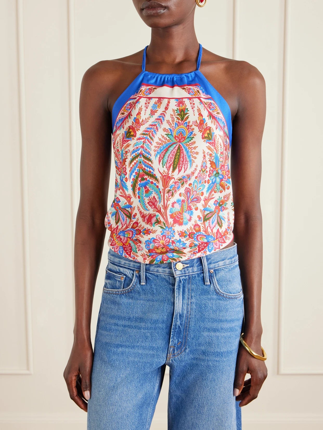 Cropped Printed Silk-satin Halterneck Top