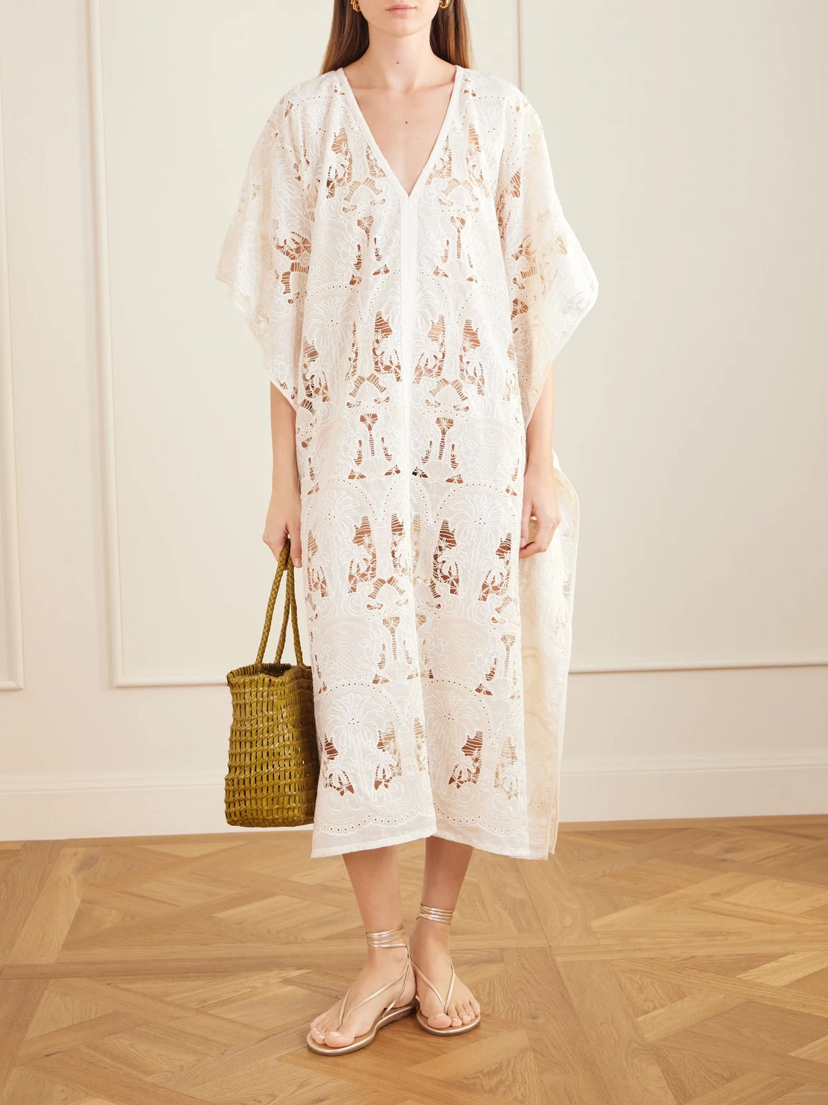 Image of Dresses. Product name - Atrani Embroidered Cotton-blend Midi Dress in Cream colour by brand - Loretta Caponi
