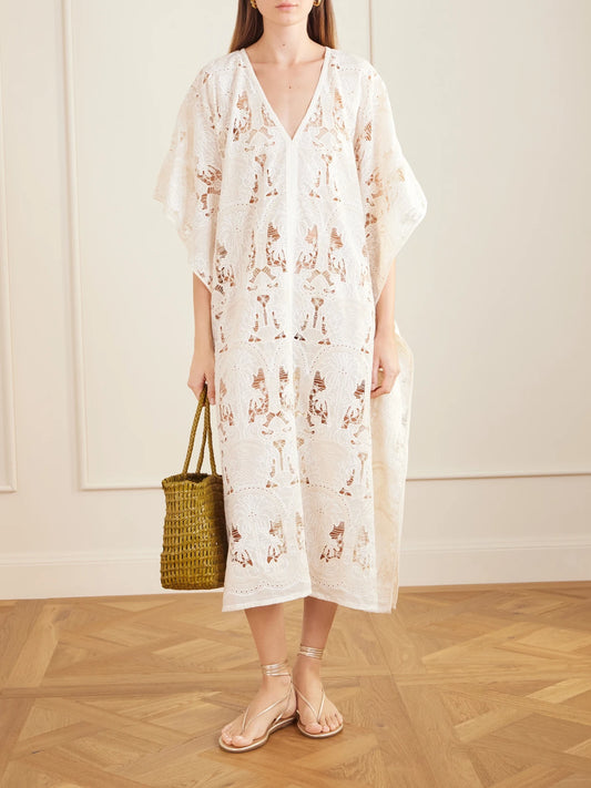 Image of Dresses. Product name - Atrani Embroidered Cotton-blend Midi Dress in Cream colour by brand - Loretta Caponi