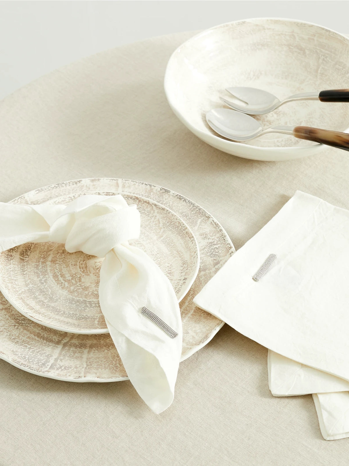 Image of Tableware. Product name - Set Of Four Bead-embellished Linen Napkins in Cream colour by brand - Brunello Cucinelli