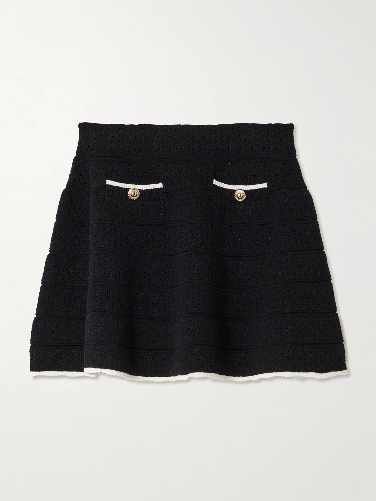 Button-embellished Metallic Cotton-blend Pointelle-knit Mini Skirt