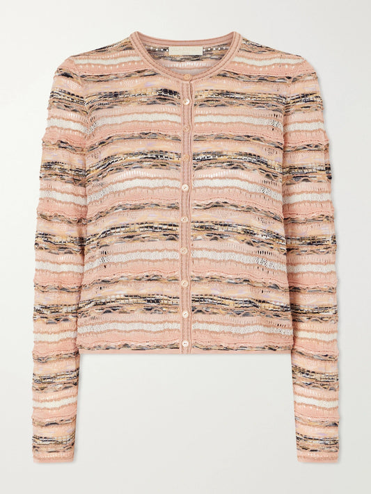 Image of a model wearing Outerwear. Product name - Mia Striped Pointelle-knit Cardigan in Pink colour by brand - Ulla Johnson