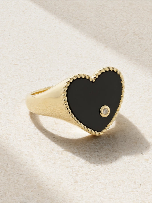 Chevalière Coeur 9-karat Gold, Onyx And Diamond Ring