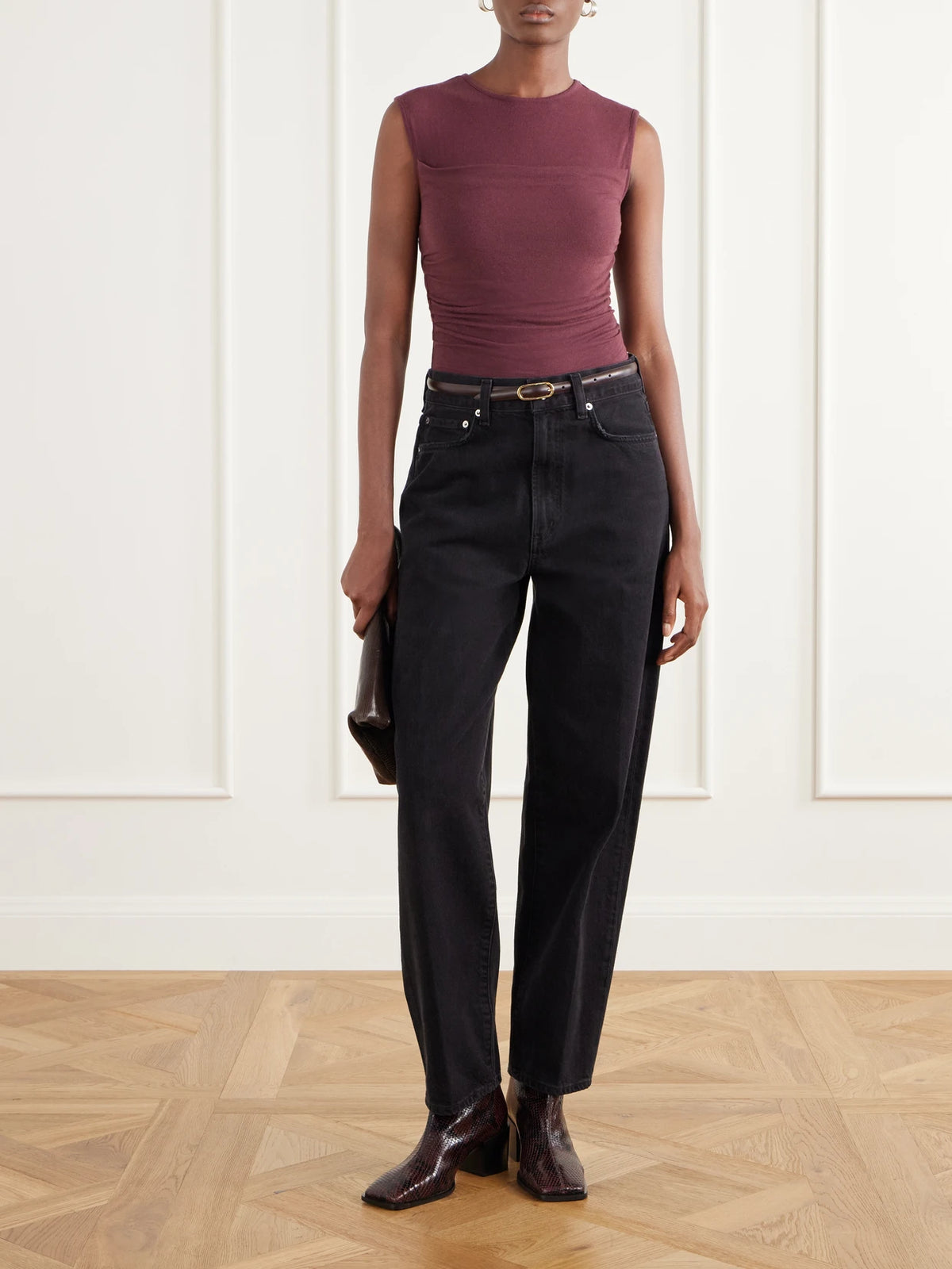Image of a model wearing Tops. Product name - Theodore Ruched Jersey Tank in Burgundy, Cream colour by brand - AGOLDE