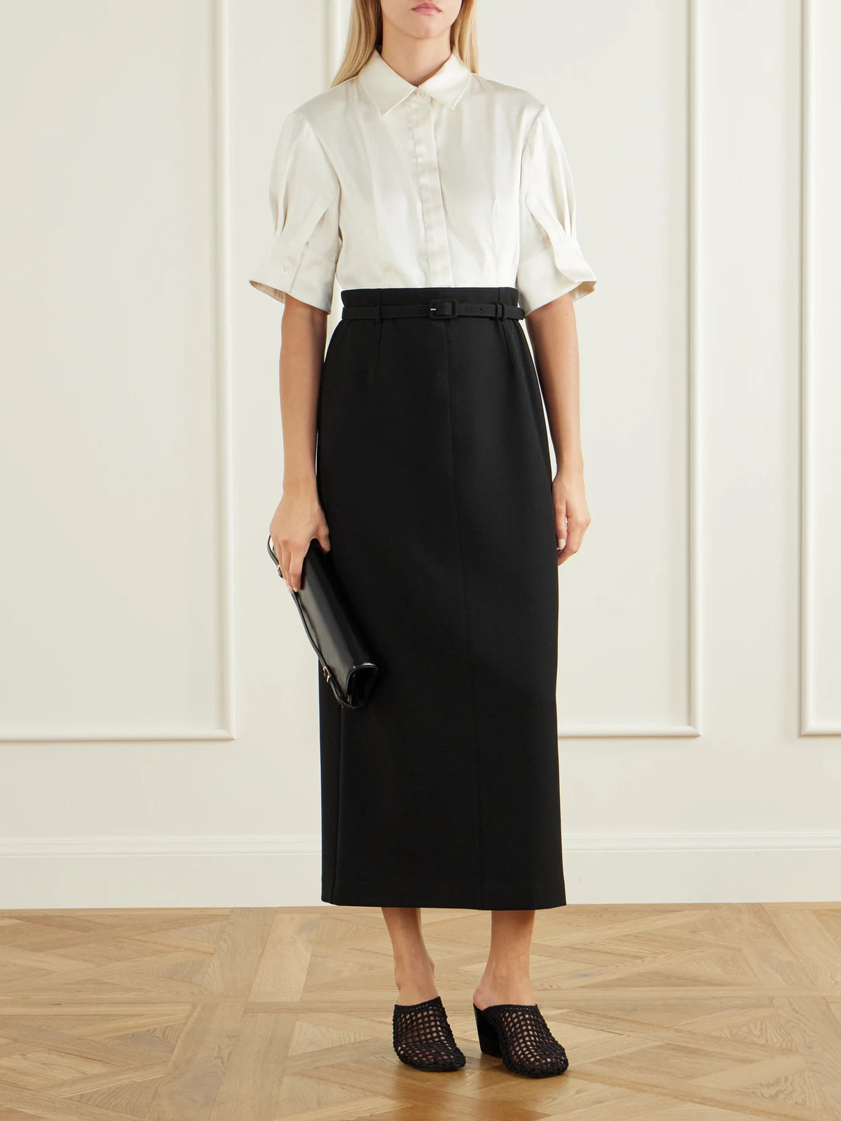 Image of Dresses. Product name - Alvera Belted Twill Midi Dress in Ivory colour by brand - SIMKHAI