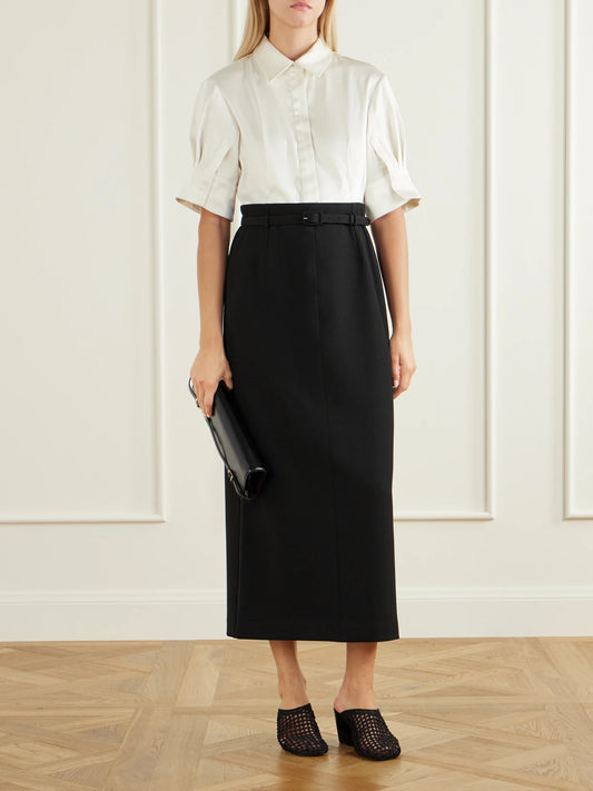 Image of Dresses. Product name - Alvera Belted Twill Midi Dress in Ivory colour by brand - SIMKHAI
