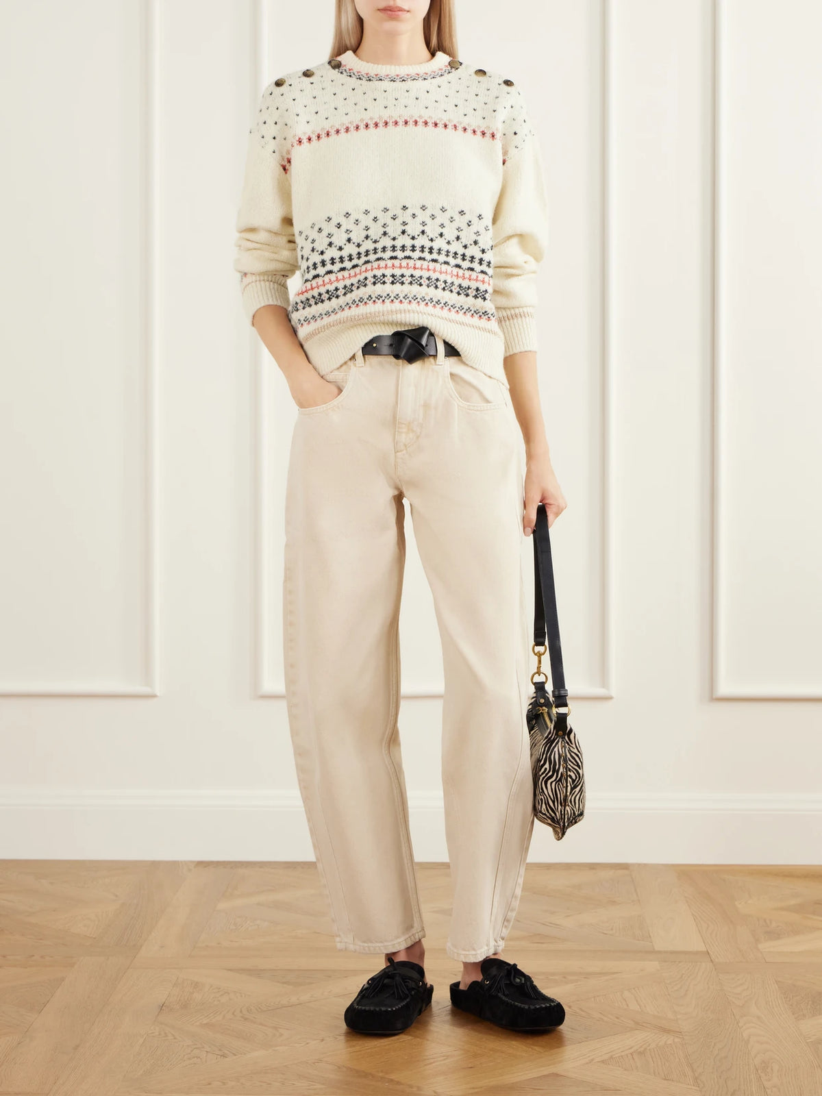 Image of a model wearing Outerwear. Product name - Zury Fair Isle Rib-trimmed Knitted Sweater in Cream colour by brand - MARANT ÉTOILE