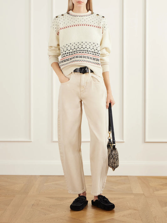 Image of a model wearing Outerwear. Product name - Zury Fair Isle Rib-trimmed Knitted Sweater in Cream colour by brand - MARANT ÉTOILE