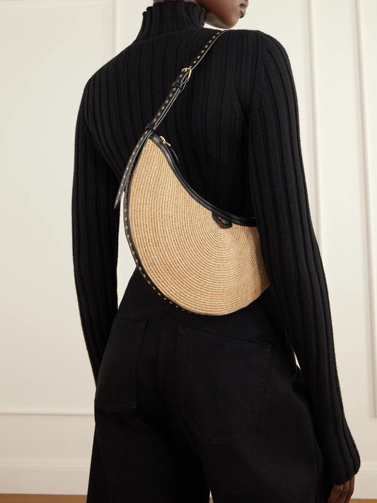 Image of Bags. Product name - Demi Leather-trimmed Raffia Shoulder Bag in Neutral colour by brand - Alaïa