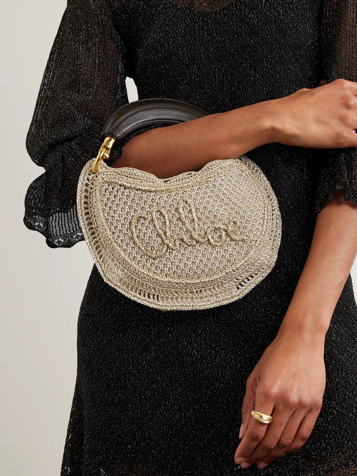 Image of Bags. Product name - Summer Banana Leather-trimmed Metallic Crocheted Tote in Silver colour by brand - Chloé