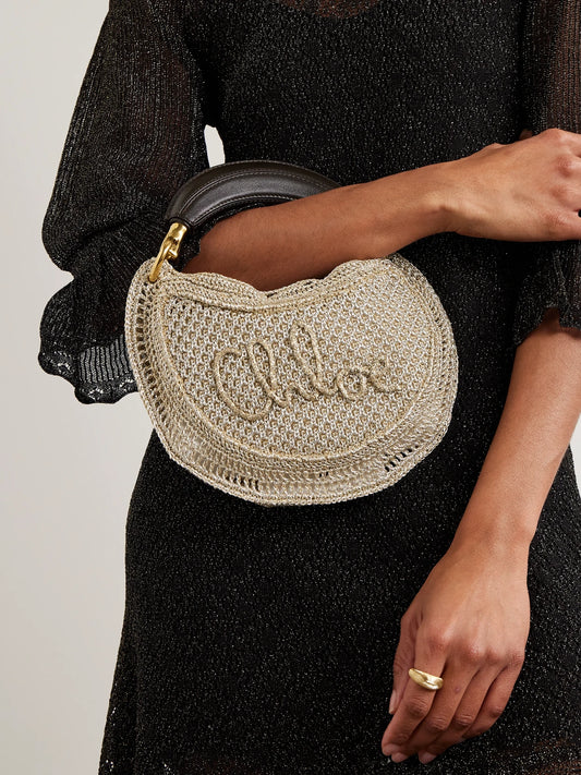 Image of Bags. Product name - Summer Banana Leather-trimmed Metallic Crocheted Tote in Silver colour by brand - Chloé