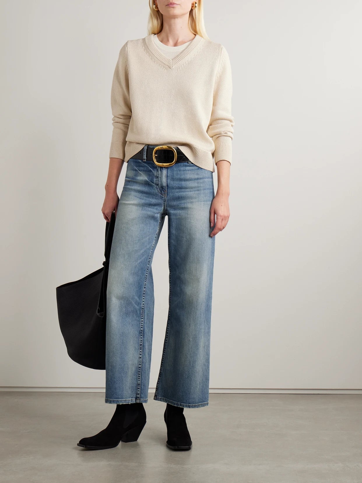 Image of Jeans. Product name - Megan Distressed High-rise Wide-leg Jeans in Mid denim colour by brand - Nili Lotan