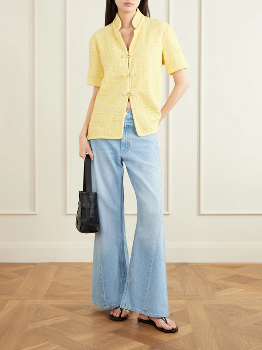 Image of Jeans. Product name - Snacks! The Lemon Twist Mid-rise Wide-leg Jeans in Light denim colour by brand - Mother