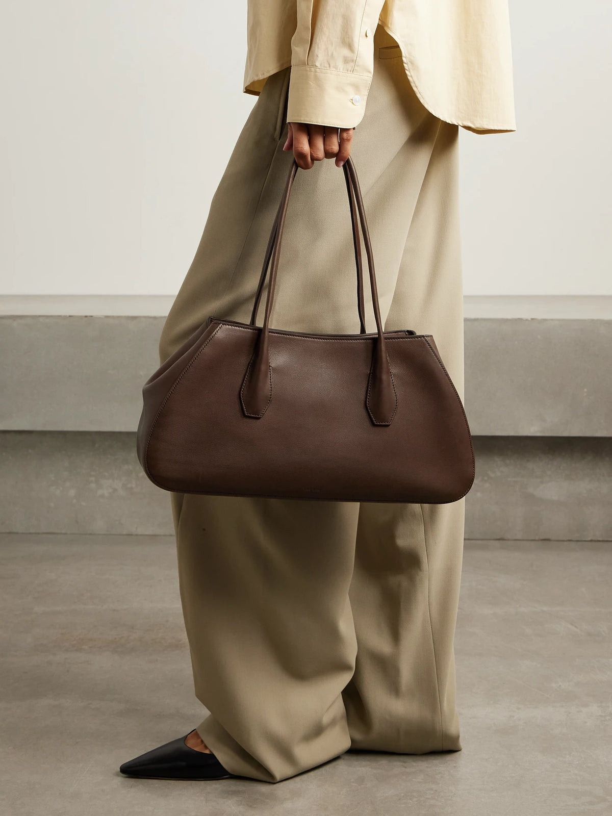 Image of Bags. Product name - Alger Leather Shoulder Bag in Dark brown colour by brand - The Row