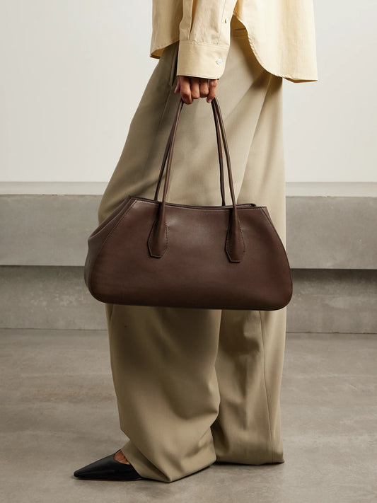Image of Bags. Product name - Alger Leather Shoulder Bag in Dark brown colour by brand - The Row