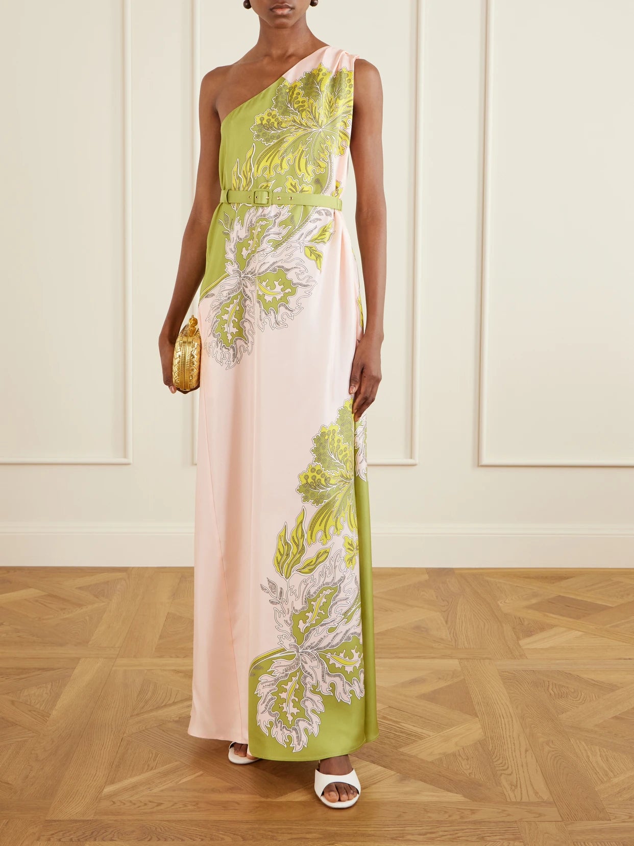 Image of Dresses. Product name - Roy One-shoulder Belted Floral-print Silk-twill Maxi Dress in Baby pink colour by brand - La DoubleJ