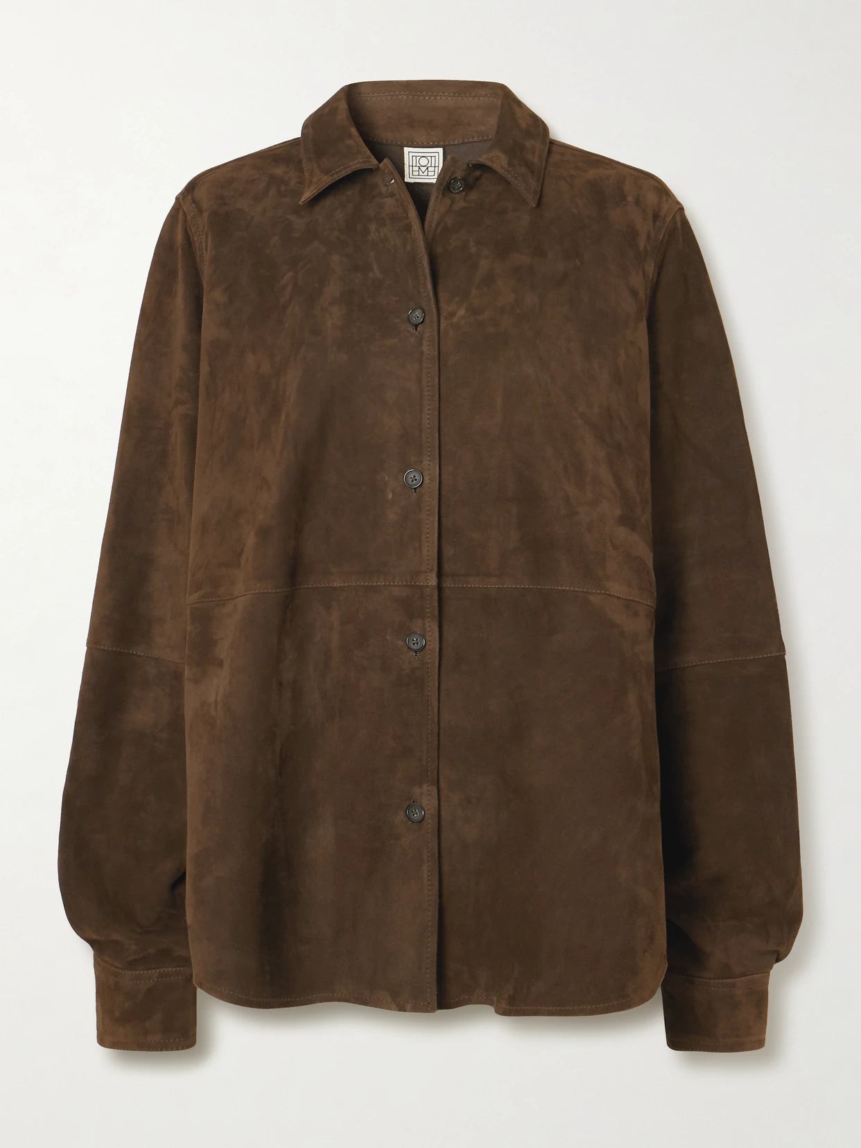 Image of a model wearing Tops. Product name - Suede Jacket in Brown colour by brand - TOTEME