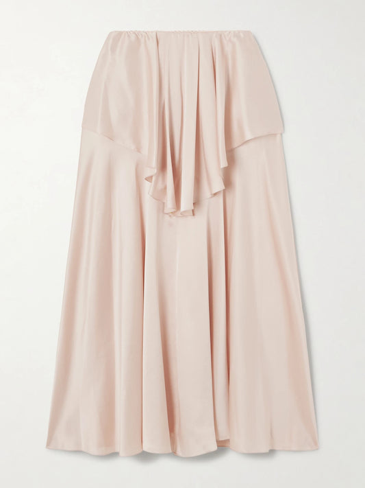 Image of a model wearing Skirts. Product name - Layered Silk-satin Midi Skirt in Baby pink colour by brand - Chloé