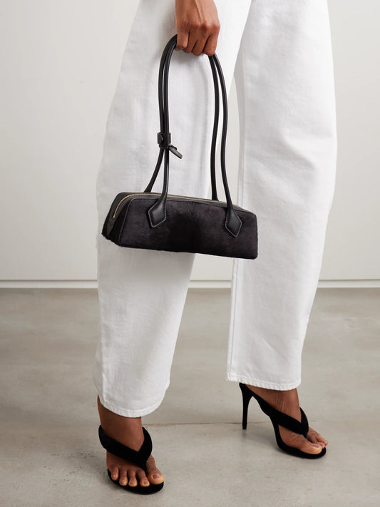 Image of Bags. Product name - Le Teckel Small Leather-trimmed Calf Hair Shoulder Bag in Dark brown colour by brand - Alaïa
