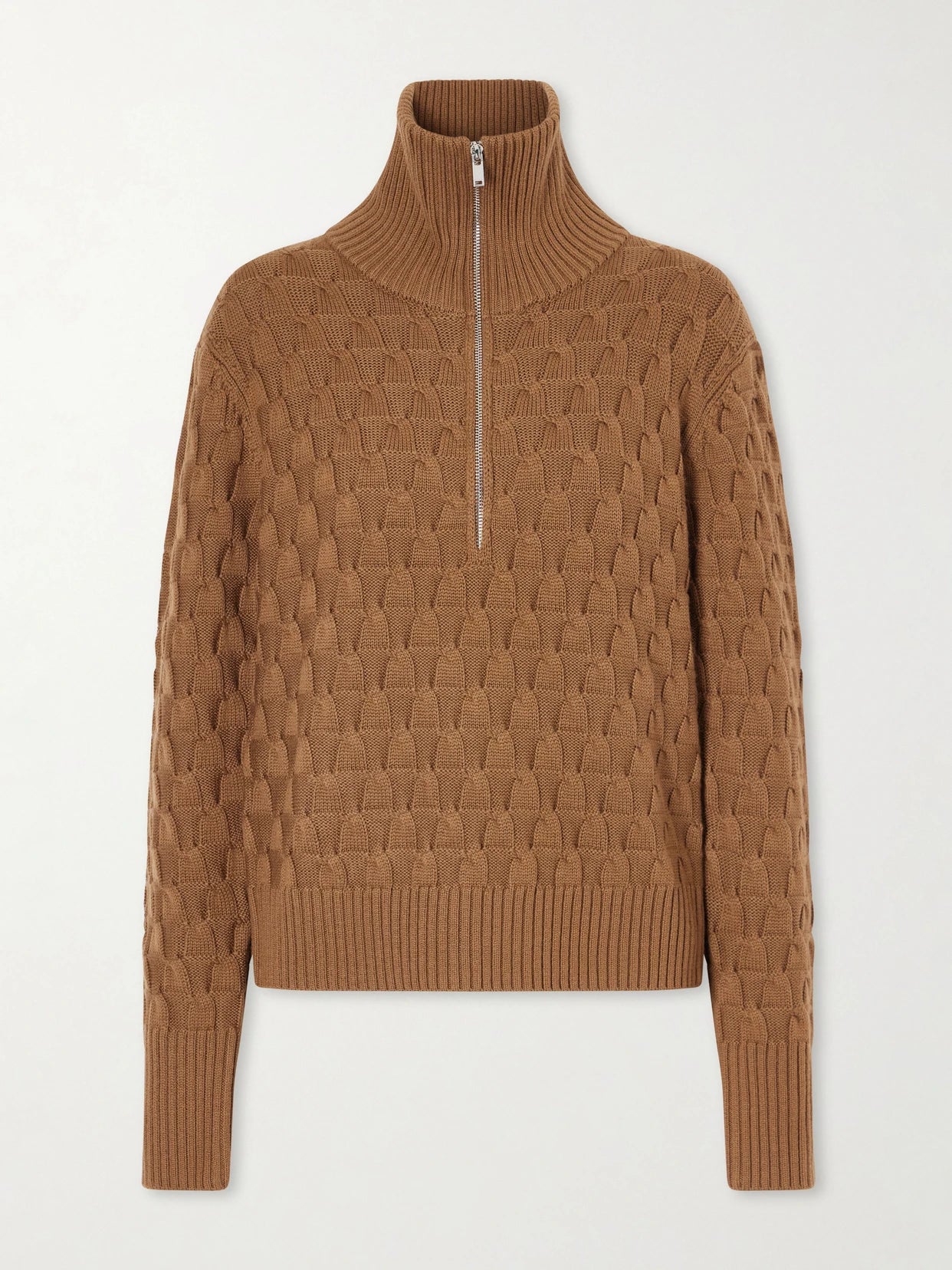 Image of a model wearing Outerwear. Product name - Acoustic Knitted Wool Half-zip Turtleneck Sweater in Camel colour by brand - Wales Bonner