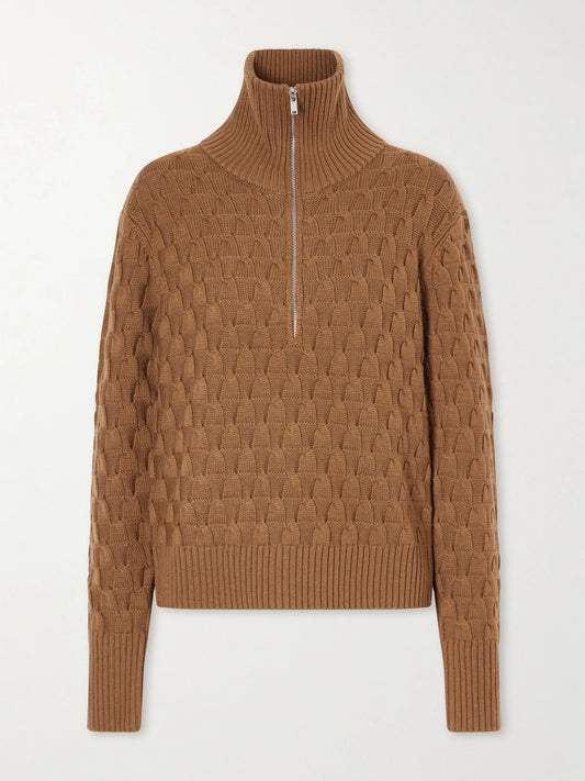 Image of a model wearing Outerwear. Product name - Acoustic Knitted Wool Half-zip Turtleneck Sweater in Camel colour by brand - Wales Bonner