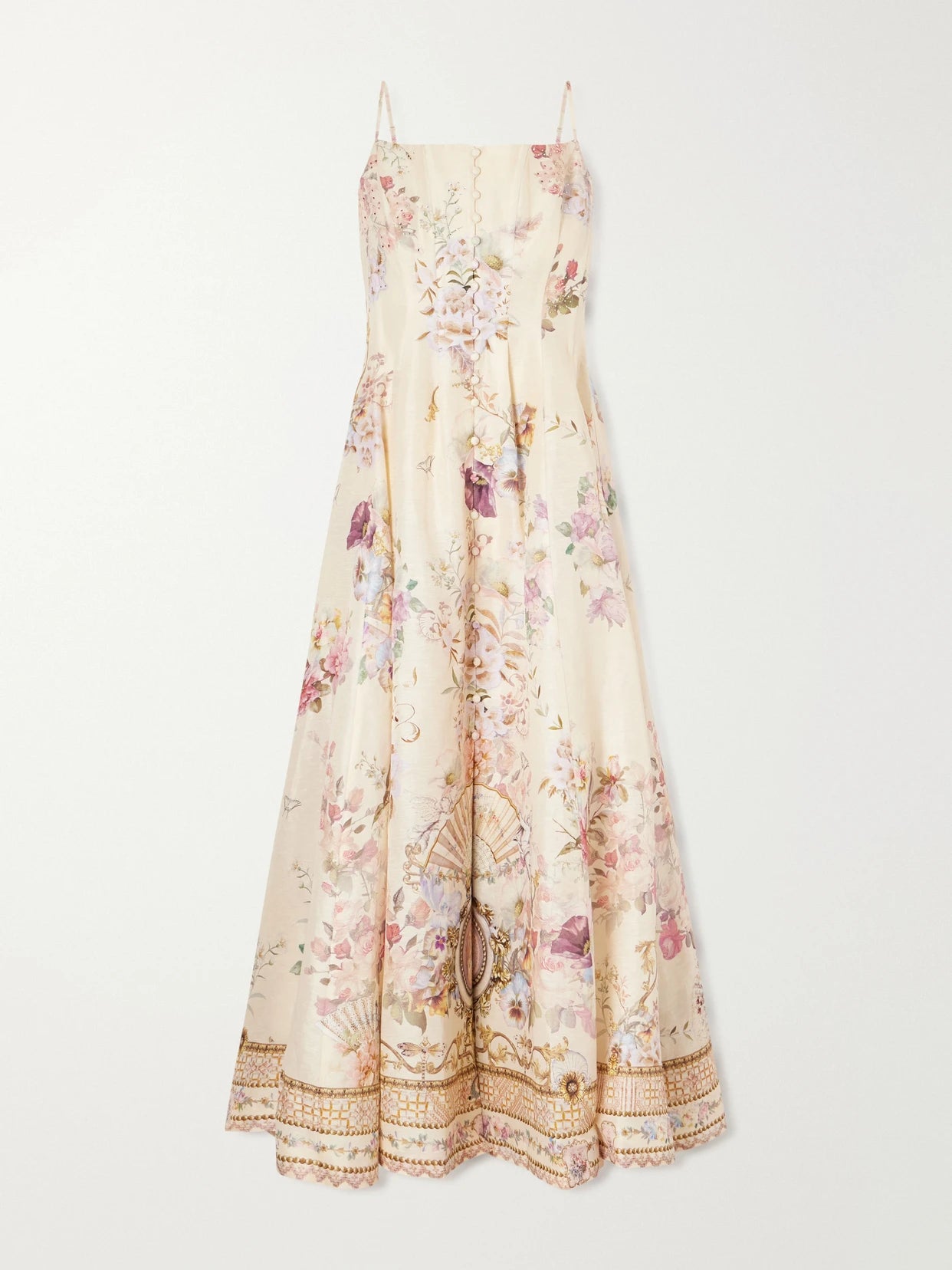 Image of Dresses. Product name - Crystal-embellished Printed Linen And Silk-blend Midi Dress in Cream colour by brand - Camilla