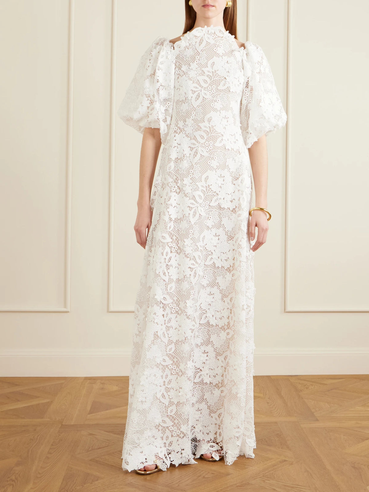Image of Dresses. Product name - Off-the-shoulder Embroidered Lace Gown in White colour by brand - Oscar de la Renta