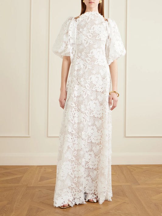 Image of Dresses. Product name - Off-the-shoulder Embroidered Lace Gown in White colour by brand - Oscar de la Renta