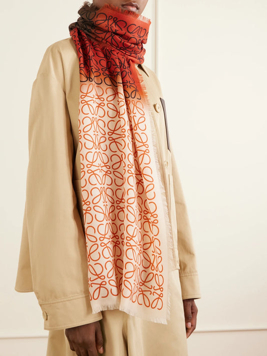 Image of Scarves & Shawls. Product name - Anagram-intarsia Wool, Silk And Cashmere-blend Scarf in Orange colour by brand - LOEWE