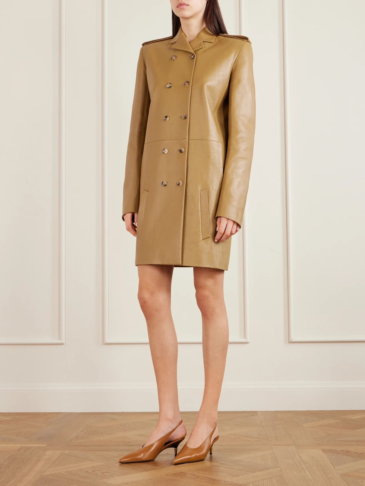 Image of Coats & Jackets. Product name - Sadra Double-breasted Leather Coat in Beige colour by brand - KHAITE