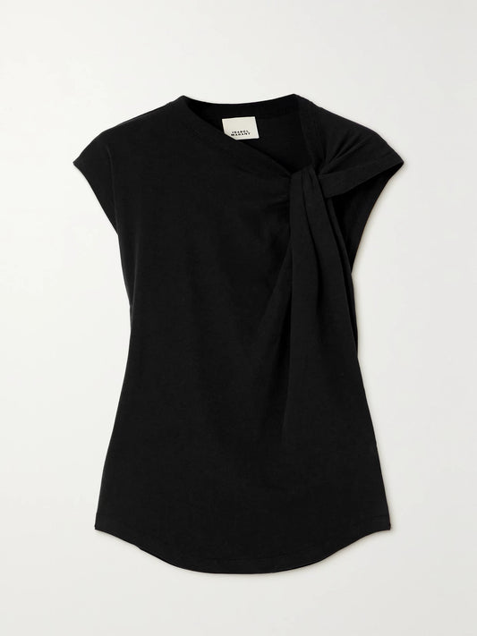 Image of a model wearing Tops. Product name - Nayda Knotted Cotton-jersey Top in Black colour by brand - ISABEL MARANT