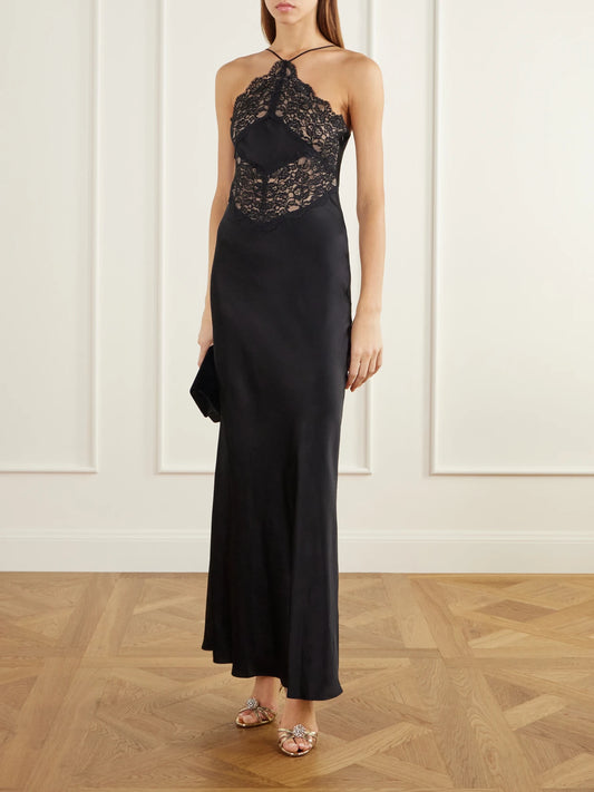 Image of Dresses. Product name - Lace-trimmed Silk-satin Halterneck Maxi Dress in Black colour by brand - Rodarte