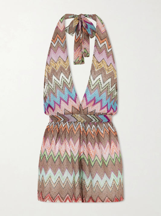 Image of Bodysuits. Product name - Metallic Crochet-knit Halterneck Playsuit in Multi colour by brand - Missoni