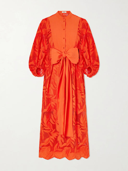 Image of Dresses. Product name - Bow-detailed Embroidered Poplin And Lace Midi Dress in Orange colour by brand - Erdem