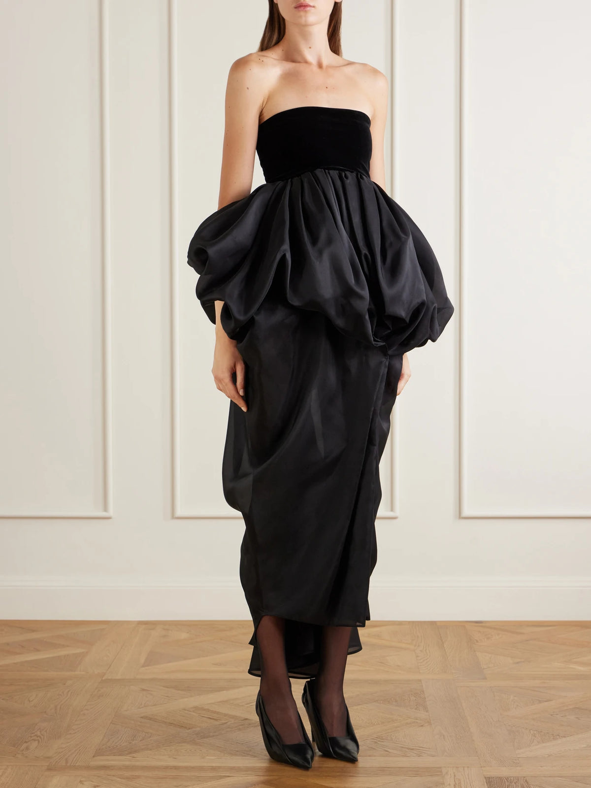 Image of Dresses. Product name - Bronte Draped Silk-organza Midi Dress in Black colour by brand - KHAITE