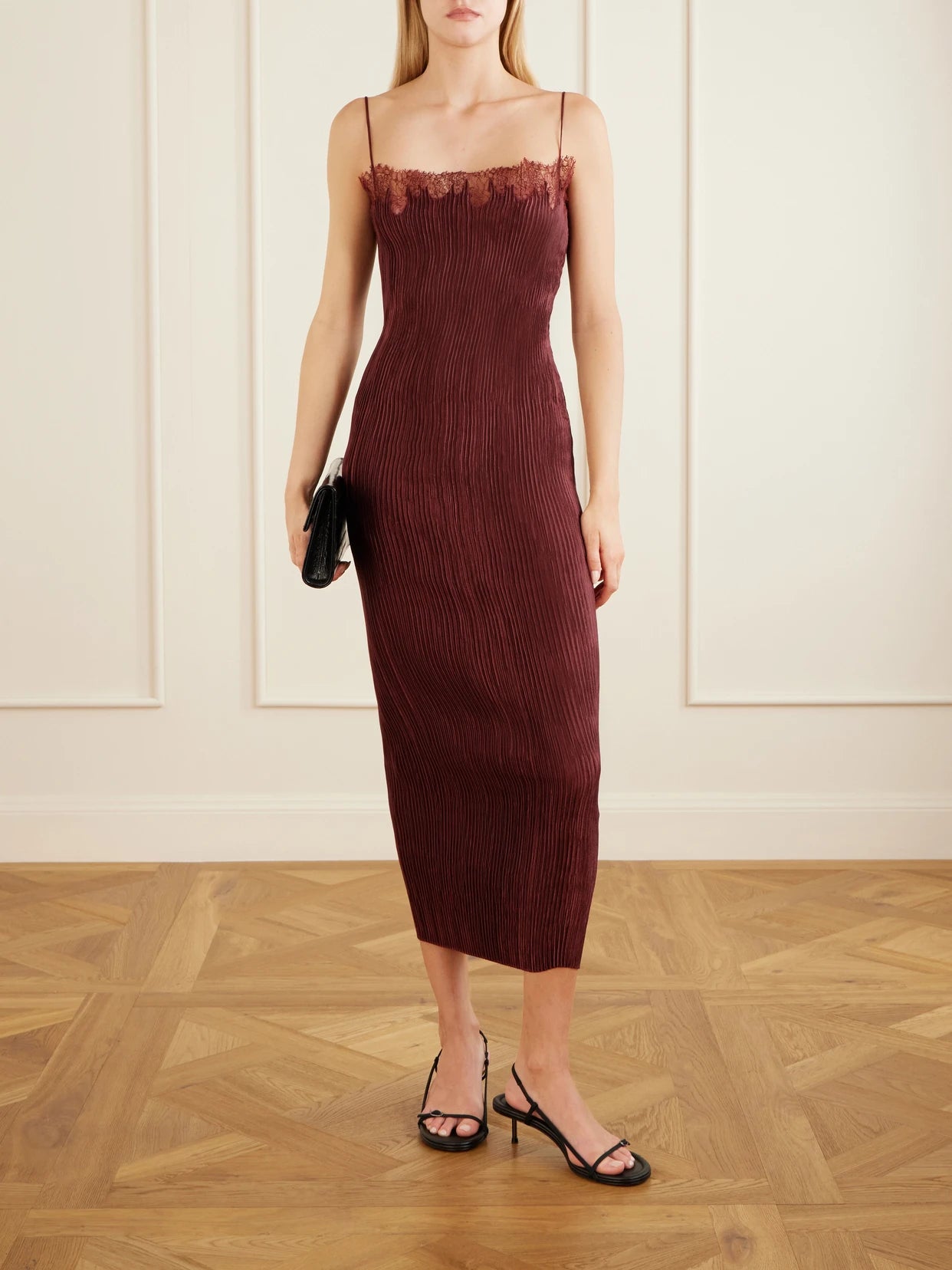 Image of Dresses. Product name - Lumie Lace-trimmed Pleated Satin Midi Dress in Burgundy colour by brand - FFORME