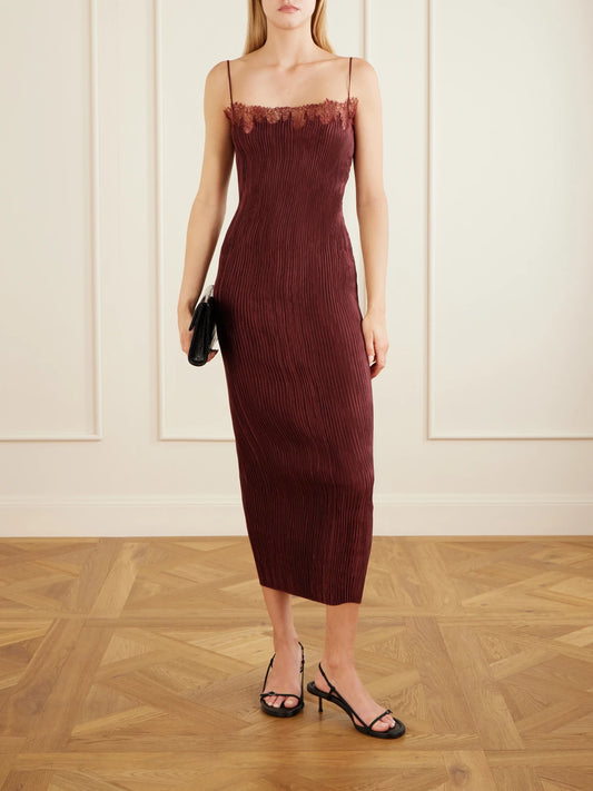 Image of Dresses. Product name - Lumie Lace-trimmed Pleated Satin Midi Dress in Burgundy colour by brand - FFORME