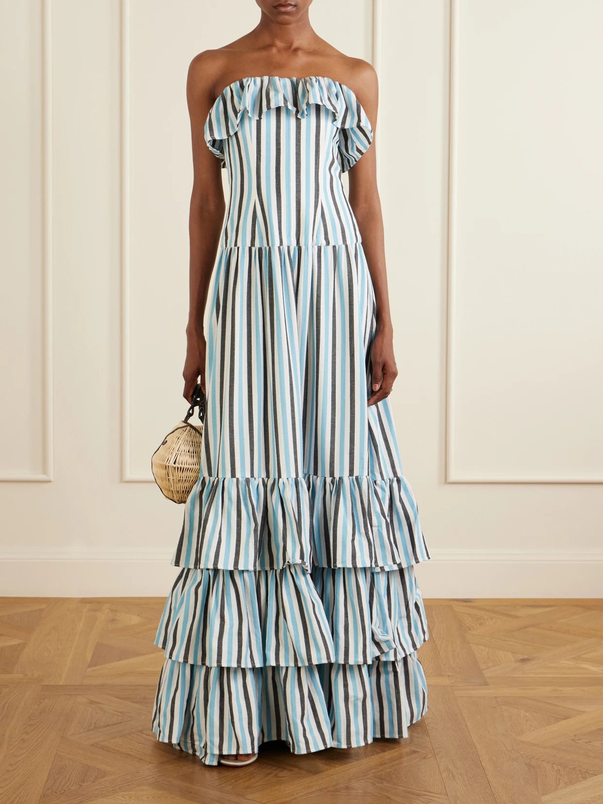 Image of Dresses. Product name - Ruffled Striped Cotton Maxi Dress in Blue colour by brand - Marrakshi Life