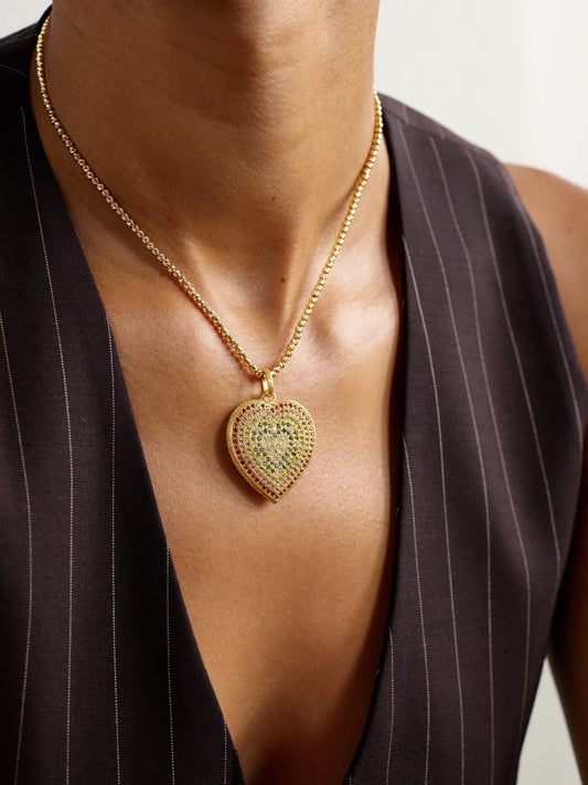 Image of Charms. Product name - Rainbow Pavé Cuore 18-karat Gold Multi-stone Pendant in Multi colour by brand - Carolina Bucci