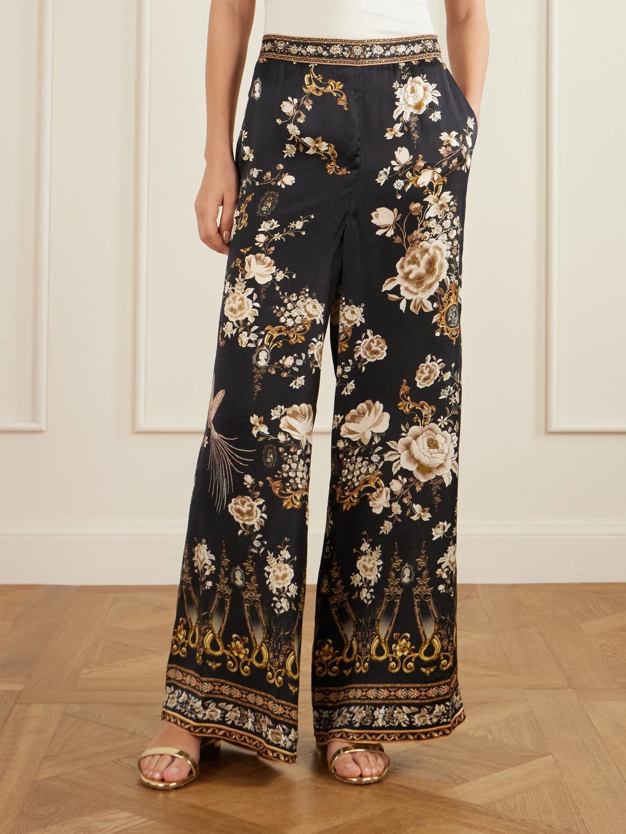 Embellished Embroidered Printed Silk-satin Pants